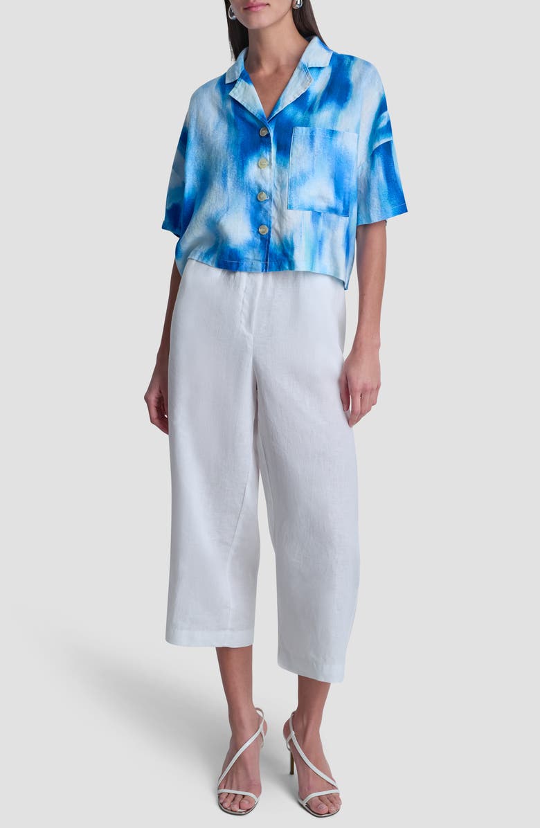 DKNY Cropped Linen Camp Shirt, Alternate, color, Misted Surf