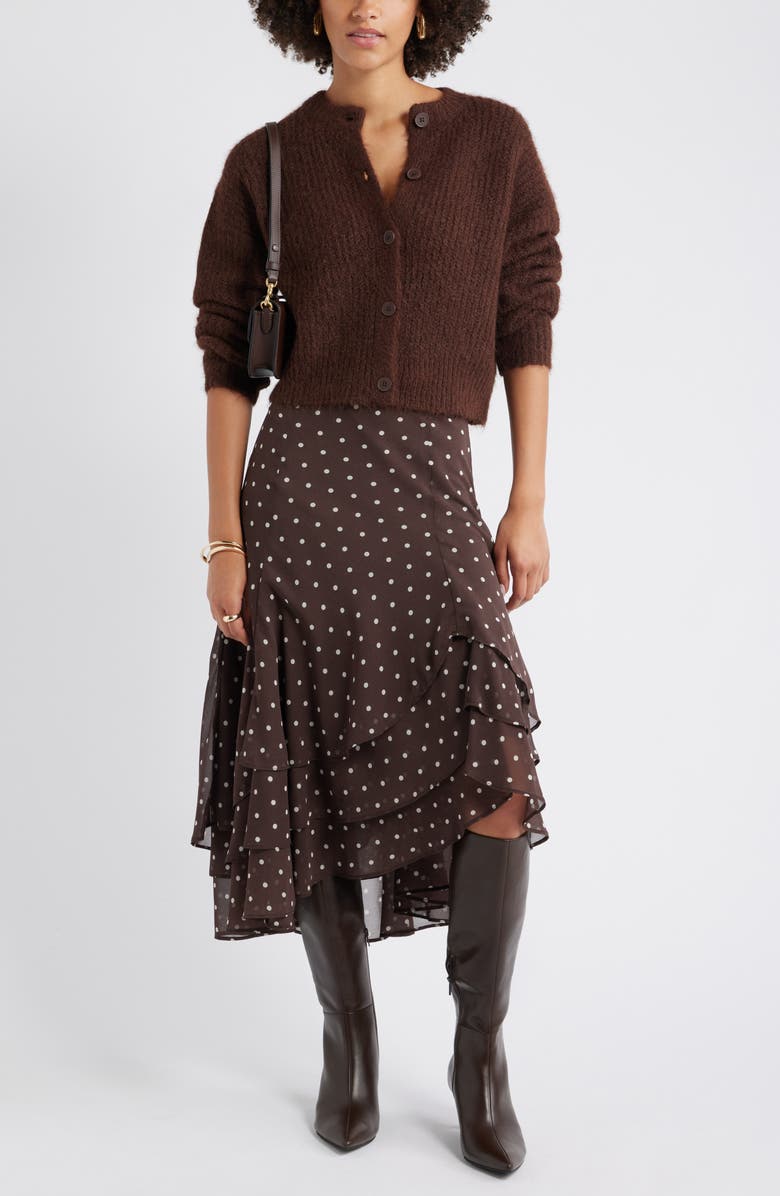 Open Edit Fuzzy Crewneck Cardigan, Alternate, color, Brown Seal