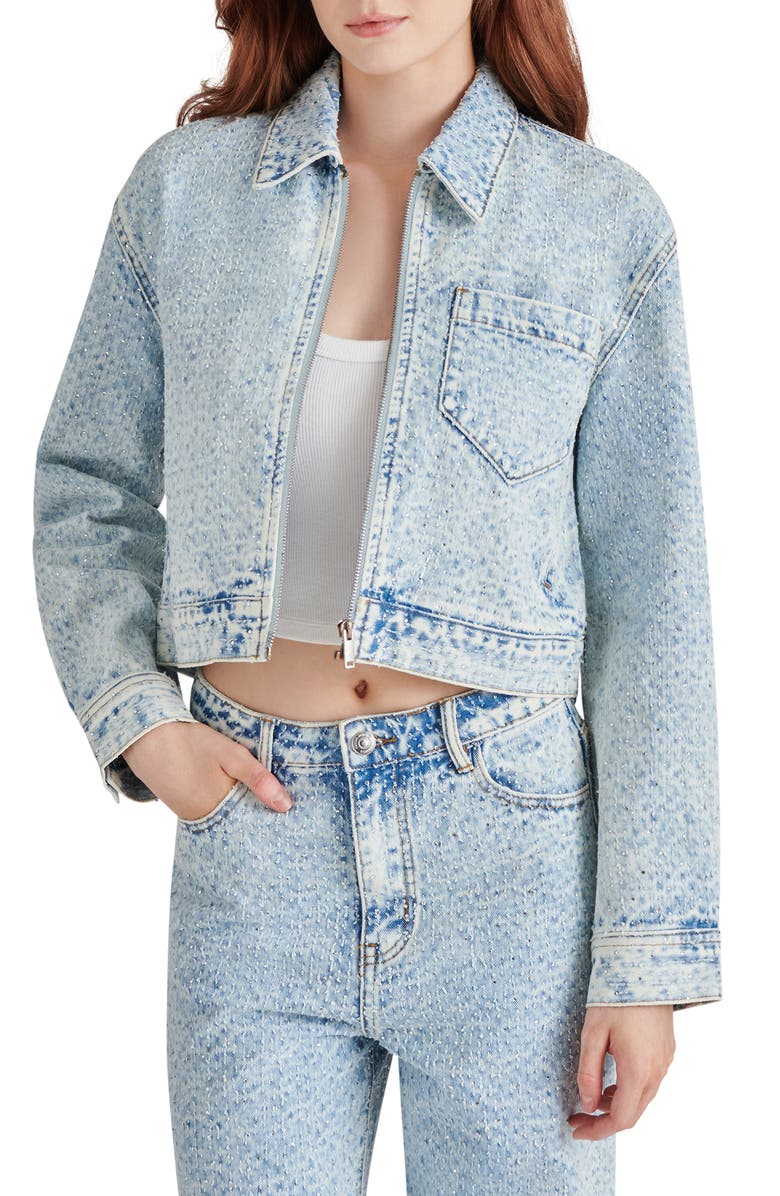 Steve Madden Glacia Embellished Textured Denim Jacket, Main, color, 