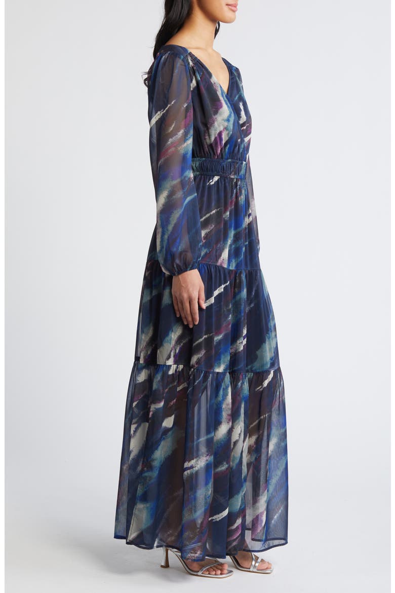 Print Long Sleeve Chiffon Maxi Dress, Alternate, color, NAVY MULTI WATERCOLOR