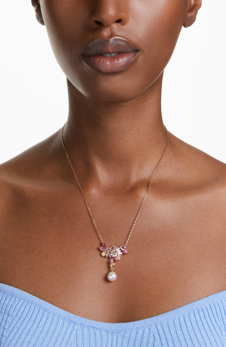Swarovski Gema Crystal Flower & Imitation Pearl Pendant Necklace, Alternate, color, 