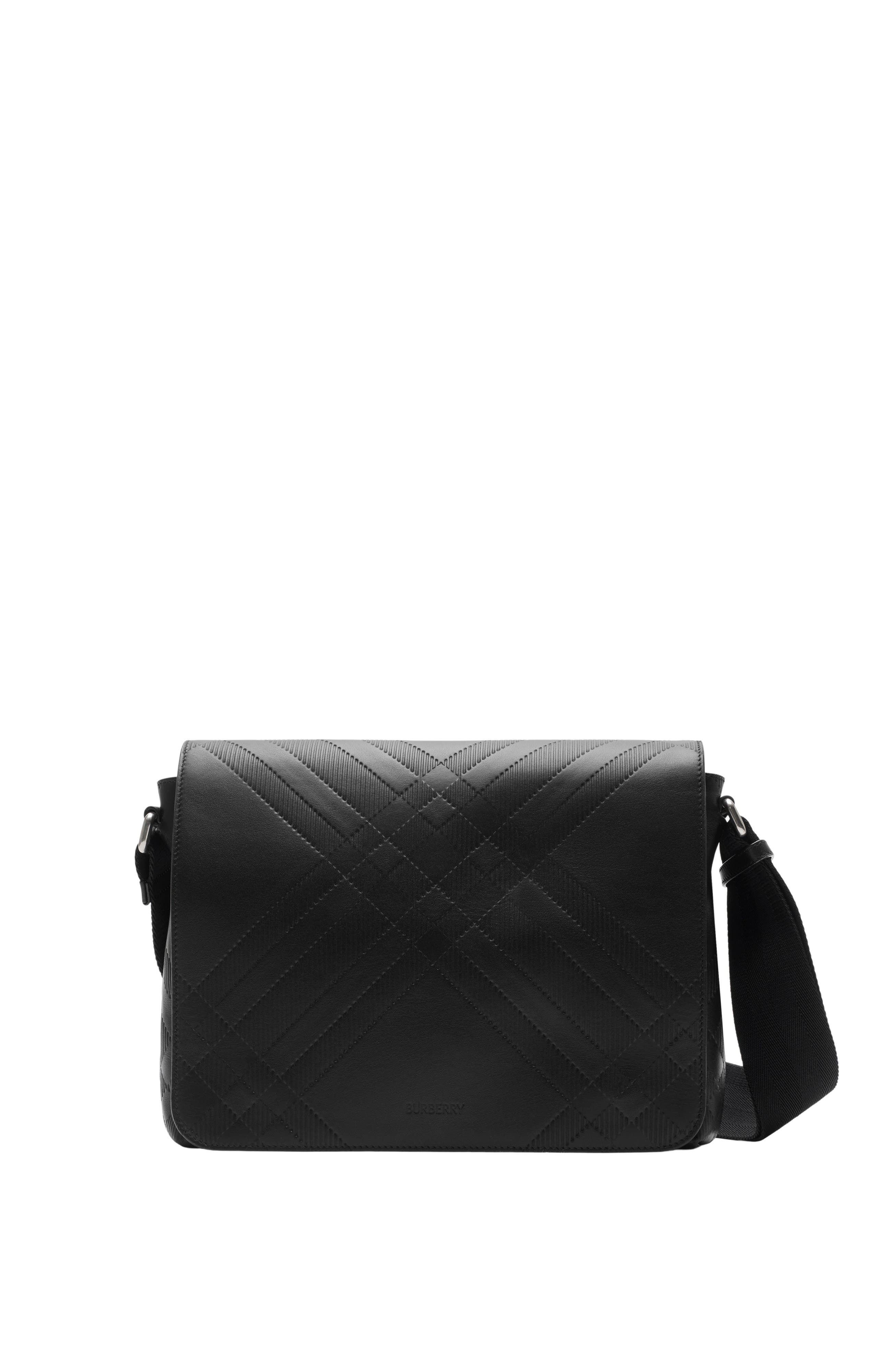 Burberry Embossed Check Messenger Bag, Main, color, Black