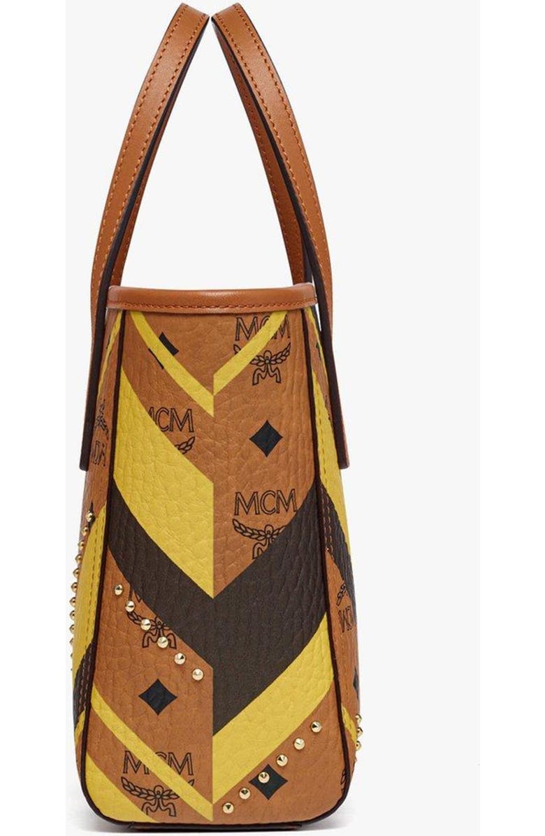 MCM Studded Toni Top-Zip Shopper in Mega Herringbone Visetos, Alternate, color, Cognac