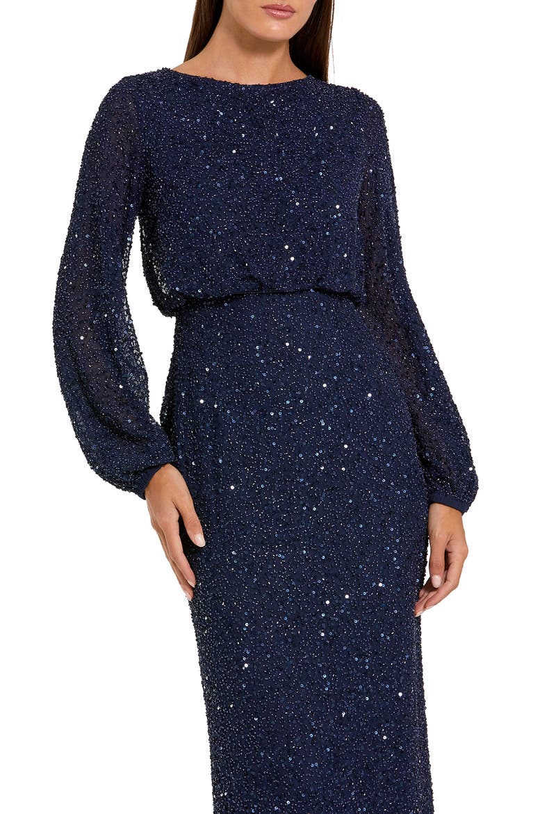 Beaded Mesh Blouson Sleeve Evening Gown, Alternate, color, Navy