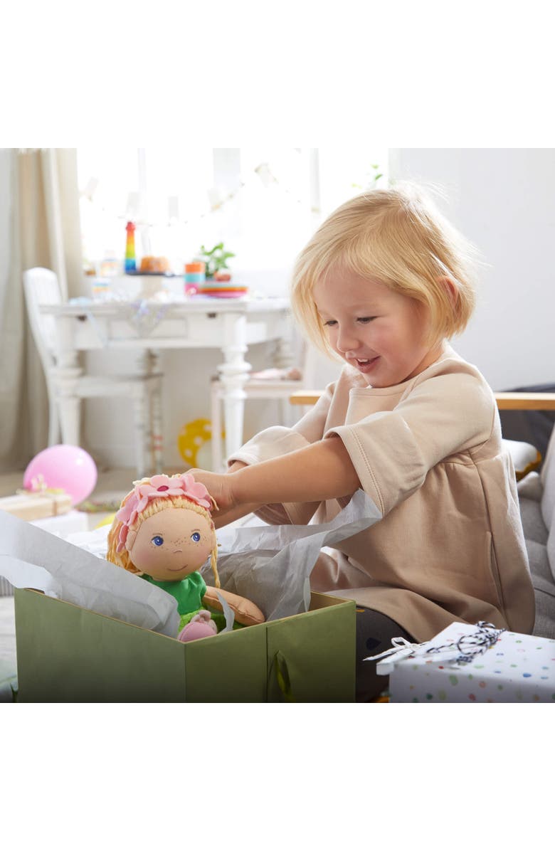 HABA 12" Soft Doll Mali with Blonde Hair and Blue Eyes, Soft Toddler Baby Dolls with Embroidered Face, Machine Washable Toddler Girl Toys for 18 mo+, Alternate, color, Green Multi