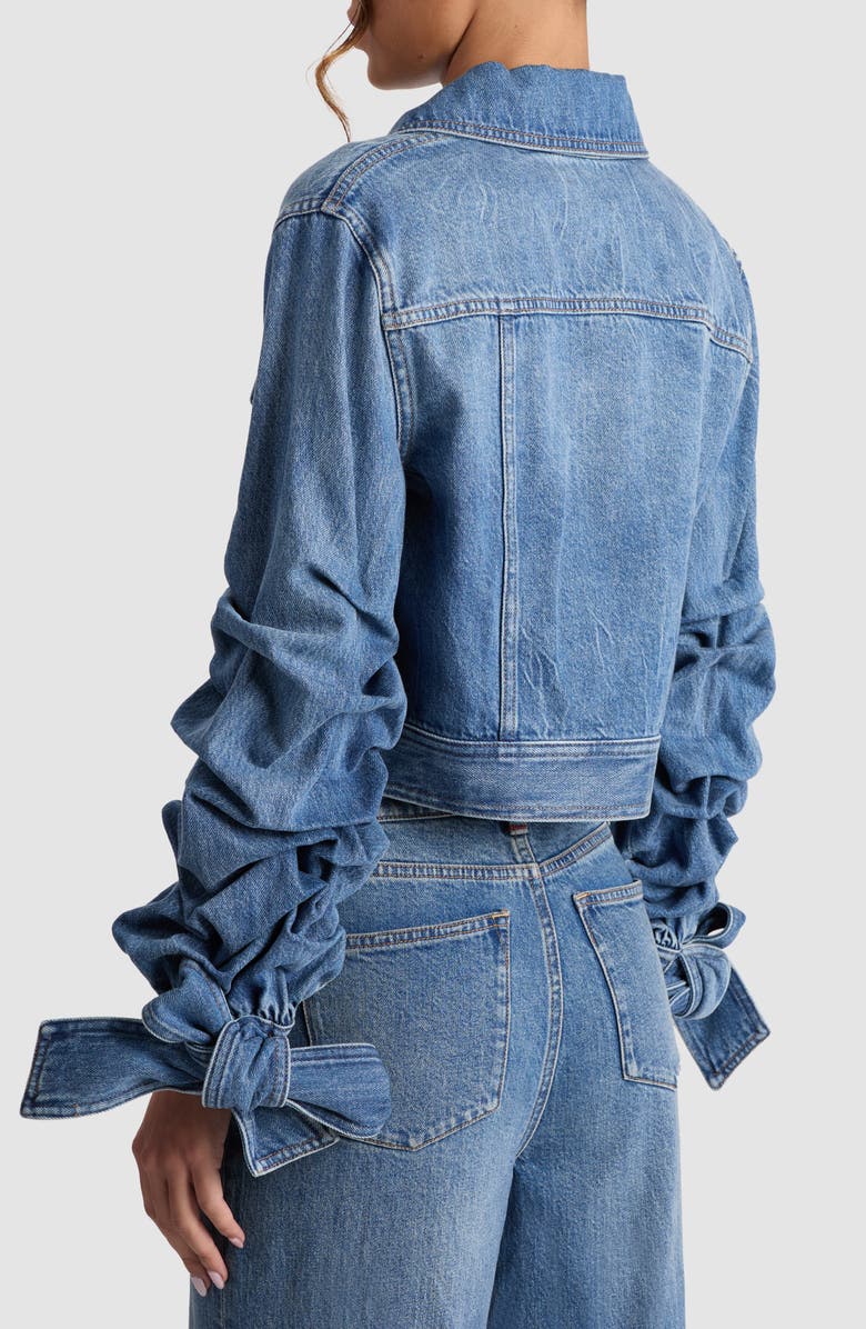 Alice + Olivia Tiff Bow Cuff Crop Denim Jacket, Alternate, color, 