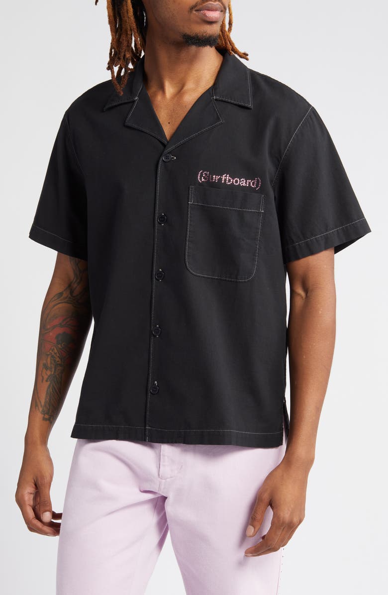 STOCKHOLM SURFBOARD CLUB Stoffe Swarovski<sup>®</sup> Crystal Embellished Short Sleeve Button-Up Shirt, Main, color, Overdyed Black