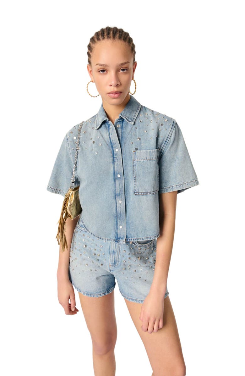 maje Studded denim shirt, Alternate, color,