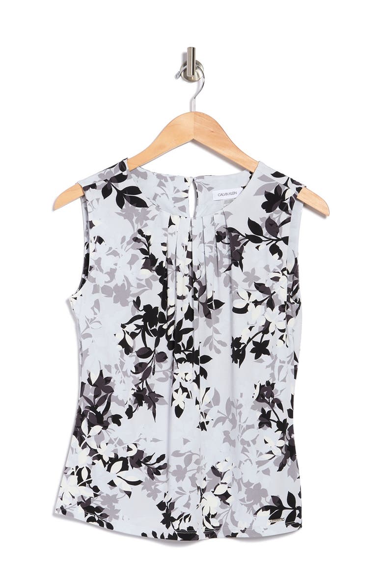Calvin Klein Printed Pleated Neck Sleeveless Top, Alternate, color, 