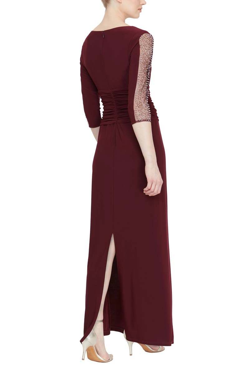 SL FASHIONS Ruched Waist Embellished Sleeve Gown, Alternate, color, Fig