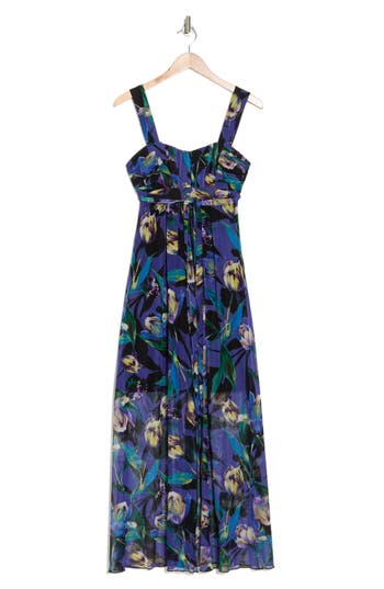 Connected Apparel Walk Through Floral Midi Dress In Blueberry