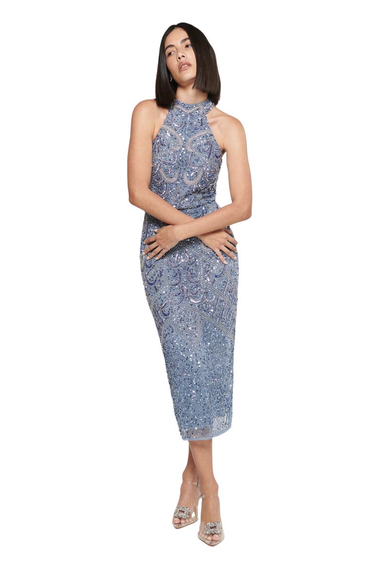 Occasion Embellished Sequin Beaded Halter Neck Evening Midi Dress, Main, color, POWDER BLUE