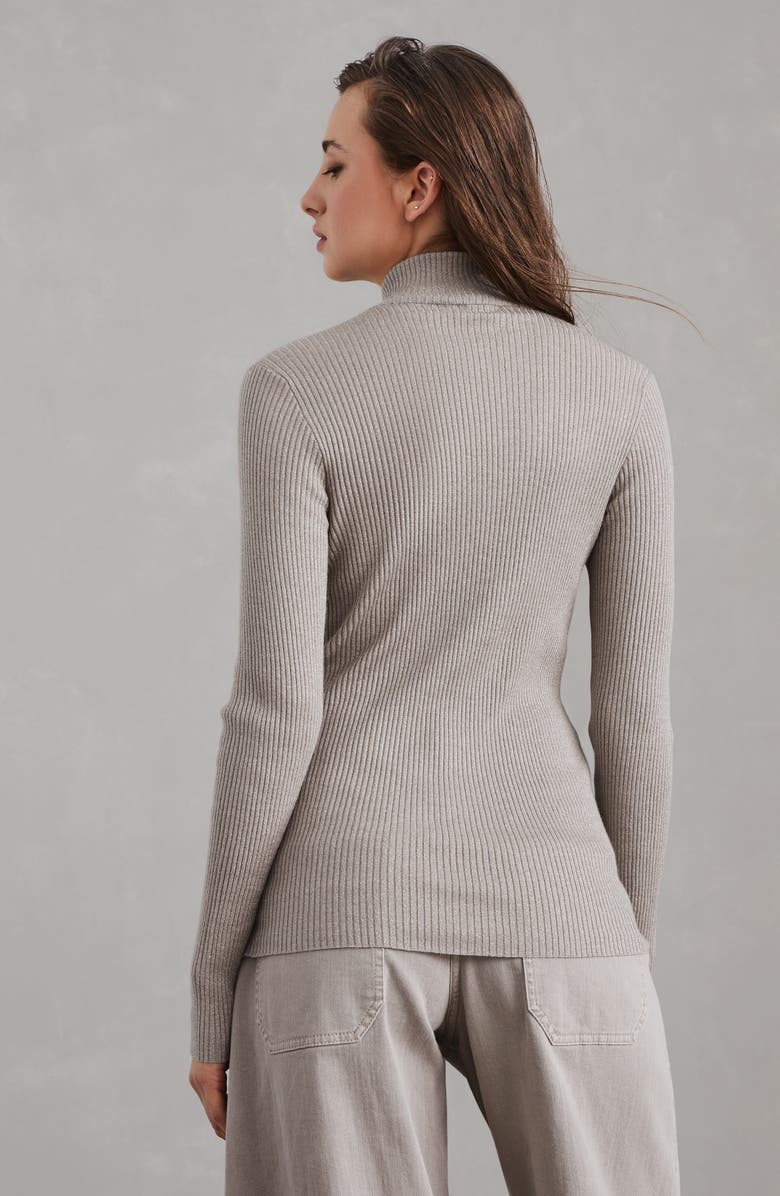 Brunello Cucinelli Sparkling cashmere and silk rib knit lightweight sweater with half zip and shiny detail, Alternate, color, 