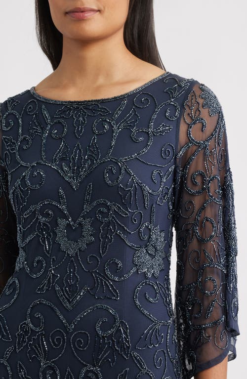 Pisarro Nights Beaded Three Quarter Sleeve Gown In Blue