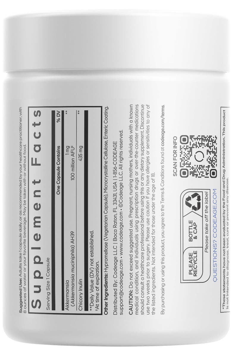 Codeage Akkermansia Muciniphila 100M AFU Probiotic Supplement, Alternate, color, White