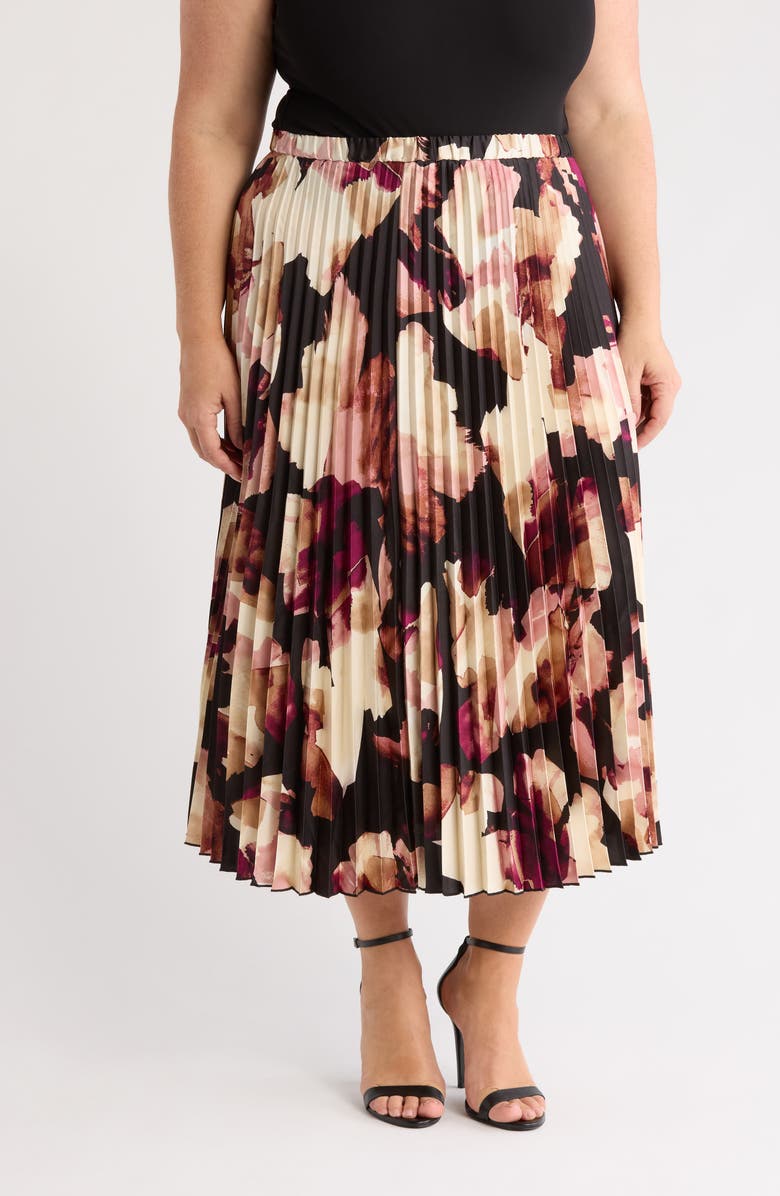 Anne Klein Pleated Pull-On Midi Skirt, Main, color, Anne Black Multi