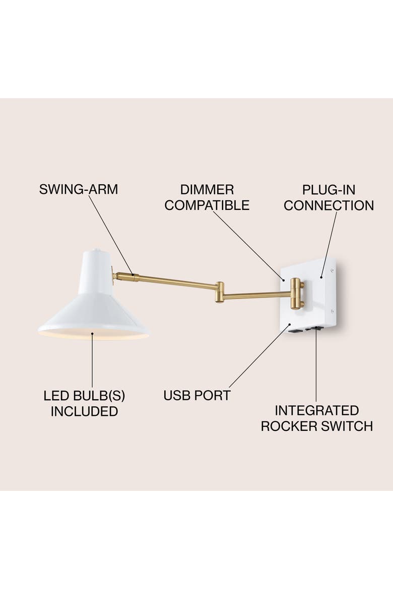 Hygge Swing Arm 1-Light Modern Midcentury Iron USB Charging Port LED Sconce, Alternate, color, White