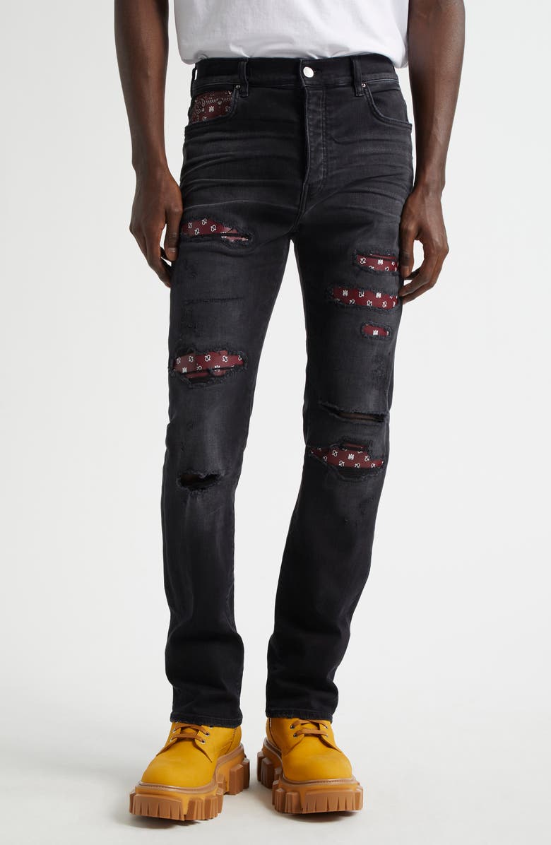 AMIRI MA Quad Rip & Repair Skinny Jeans, Main, color, Vintage Black