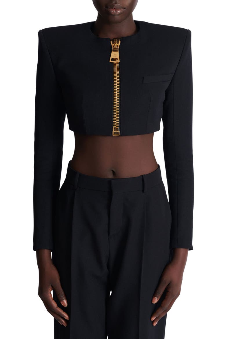 Cropped Jacket In Grain De Poudre Wool, Alternate, color, Black