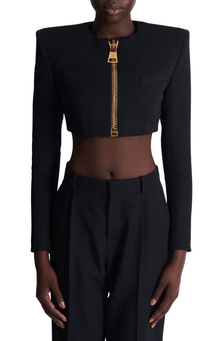 Balmain Cropped Jacket In Grain De Poudre Wool, Alternate, color, 
