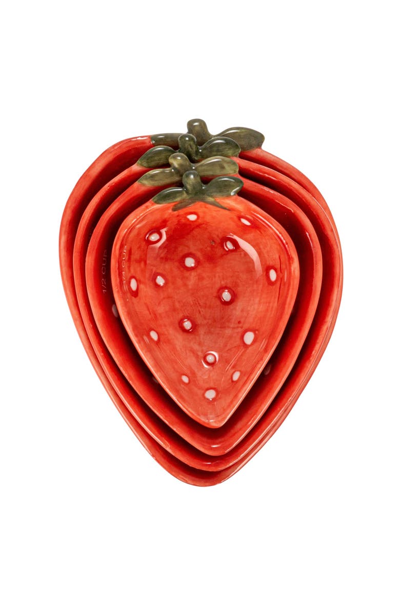 Hand-Painted Strawberry Stoneware Measuring Cups, Red and White, Set of 4, Alternate, color, Red