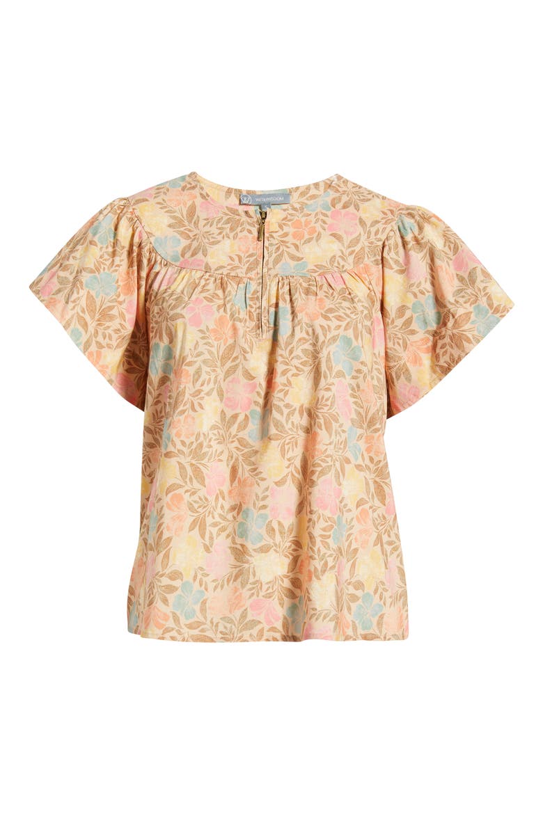 Floral Flutter Sleeve Quarter Zip Top, Alternate, color, GOLDEN SUGAR MULTI