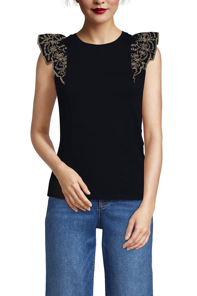 Embroidered Ruffle Tank Top, Main, color, Black
