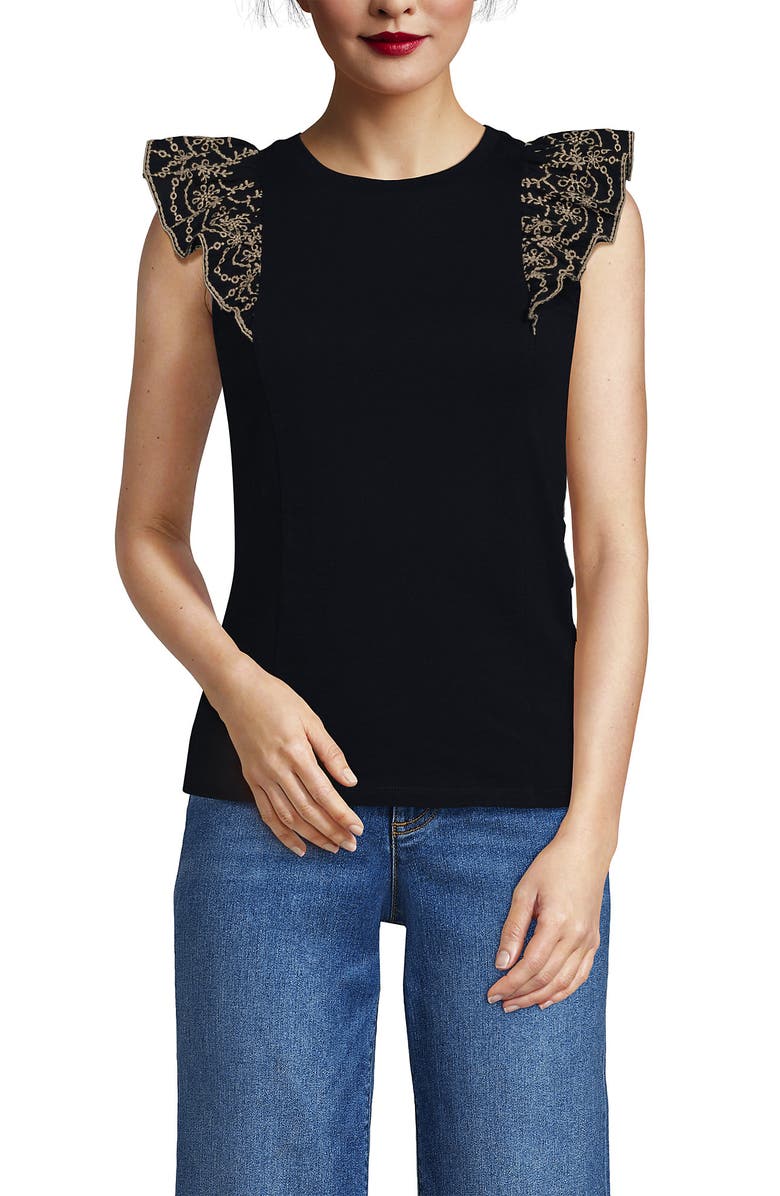 Lands' End Embroidered Ruffle Tank Top, Main, color, Black