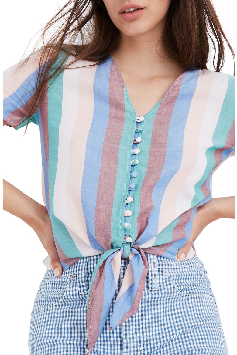 Novel Tie Front Button Top, Alternate, color, CIRCUS STRIPE DREAMY PINK