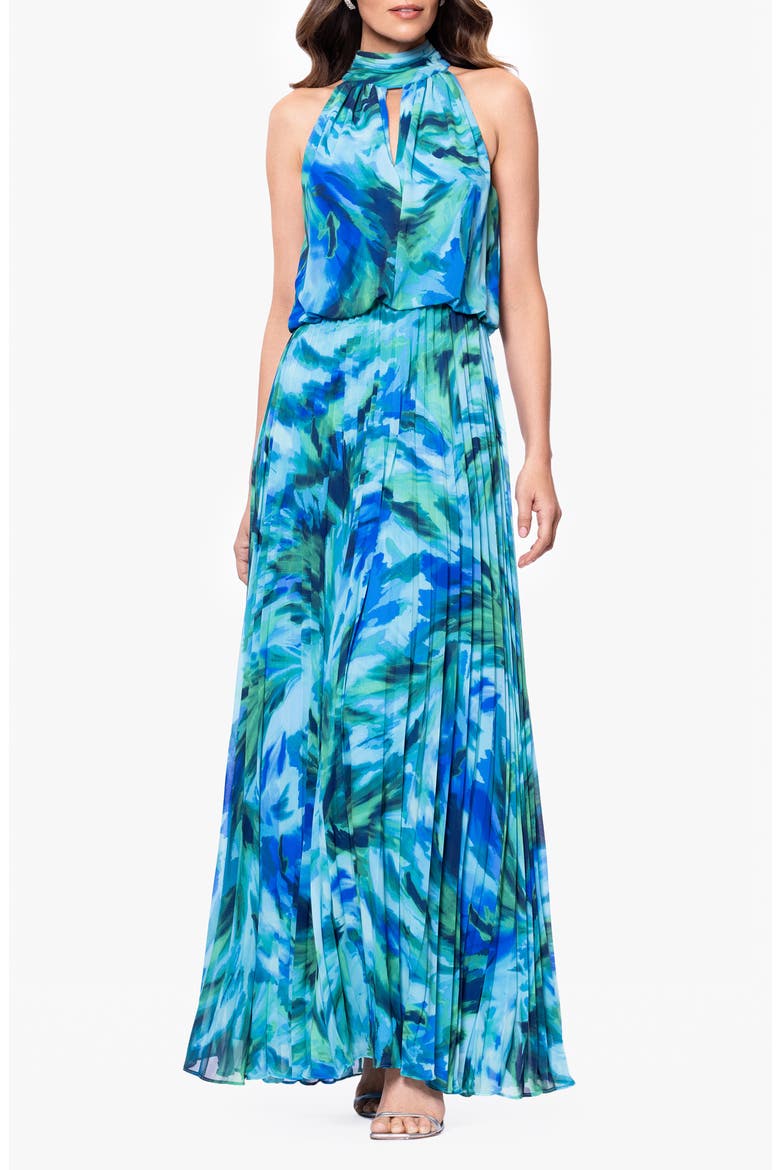 Abstract Floral Pleated Chiffon Gown, Main, color, TURQUOISE/ NAVY