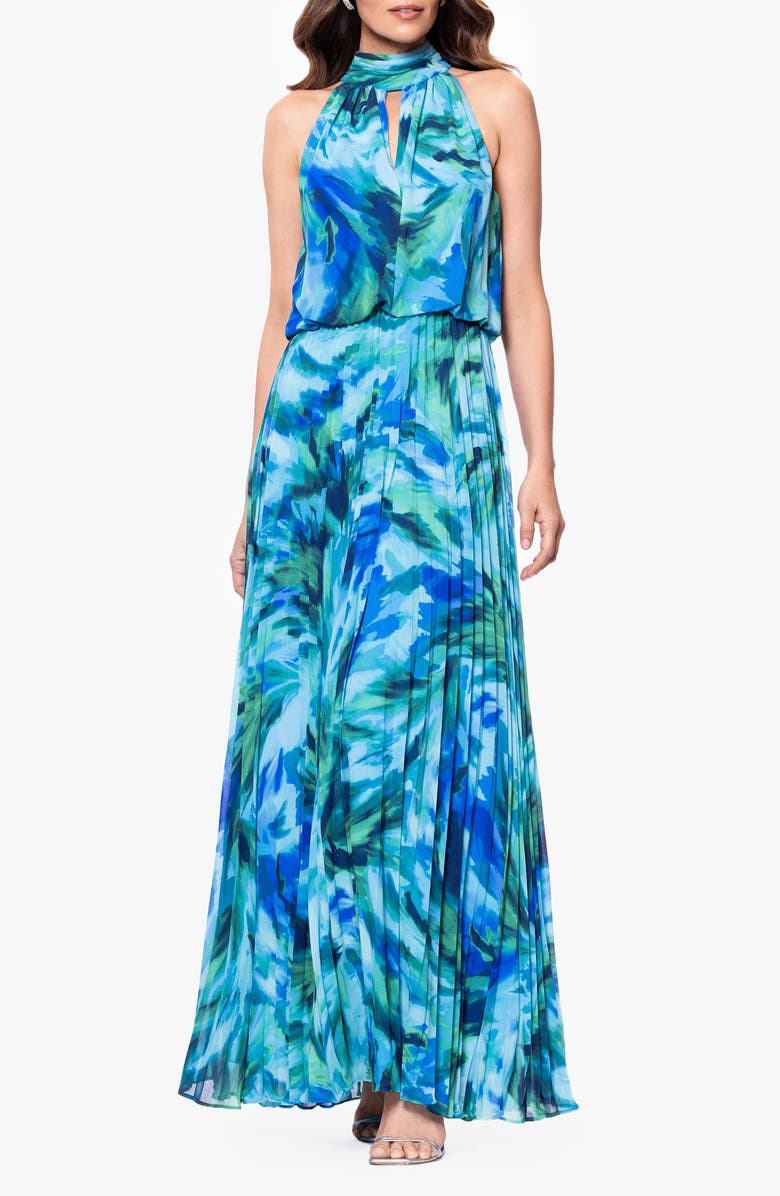 Xscape Evenings Abstract Floral Pleated Chiffon Gown, Main, color, Turquoise/ Navy