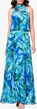 Xscape Evenings Abstract Floral Pleated Chiffon Gown