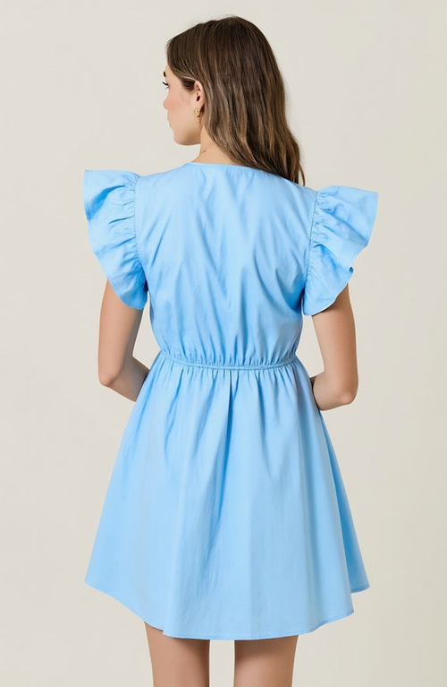 Modenaire Smocked Mini Dress With Ruffle Sleeves And Front Tie Detail