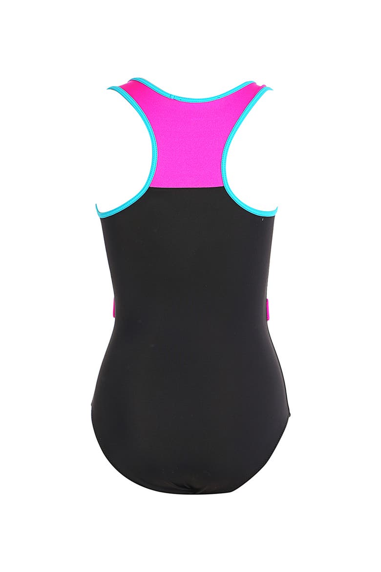 Color-Block Shoulders Neon Pink Belt and Turquoise Trim One-Piece Swimsuit, Alternate, color, Black