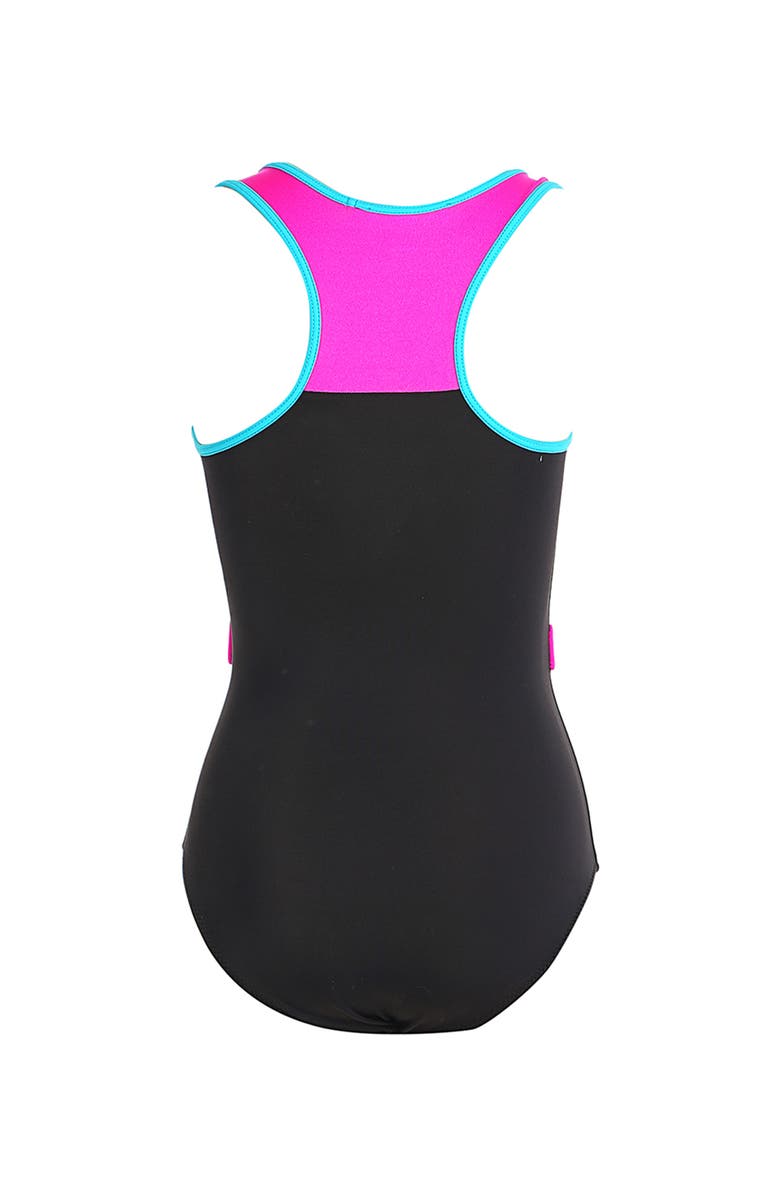 NESSI BYRD Color-Block Shoulders Neon Pink Belt and Turquoise Trim One-Piece Swimsuit, Alternate, color, Black
