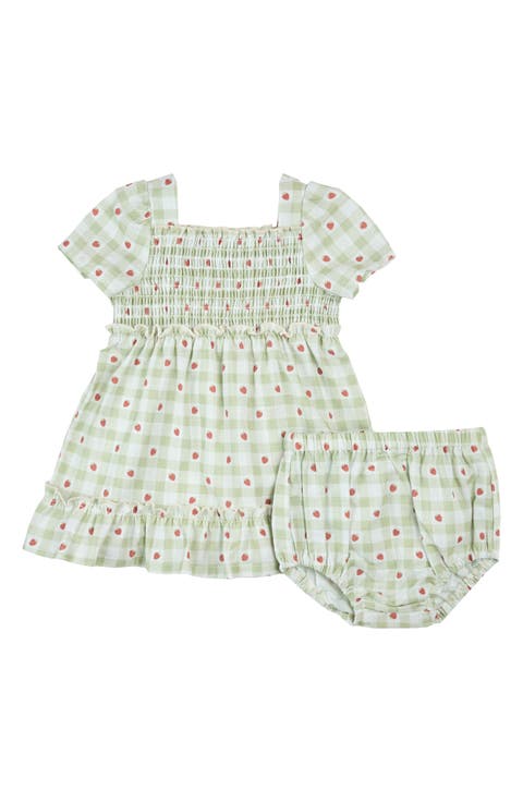 Strawberry Gingham Print Organic Cotton Dress & Bloomers Set (Baby)
