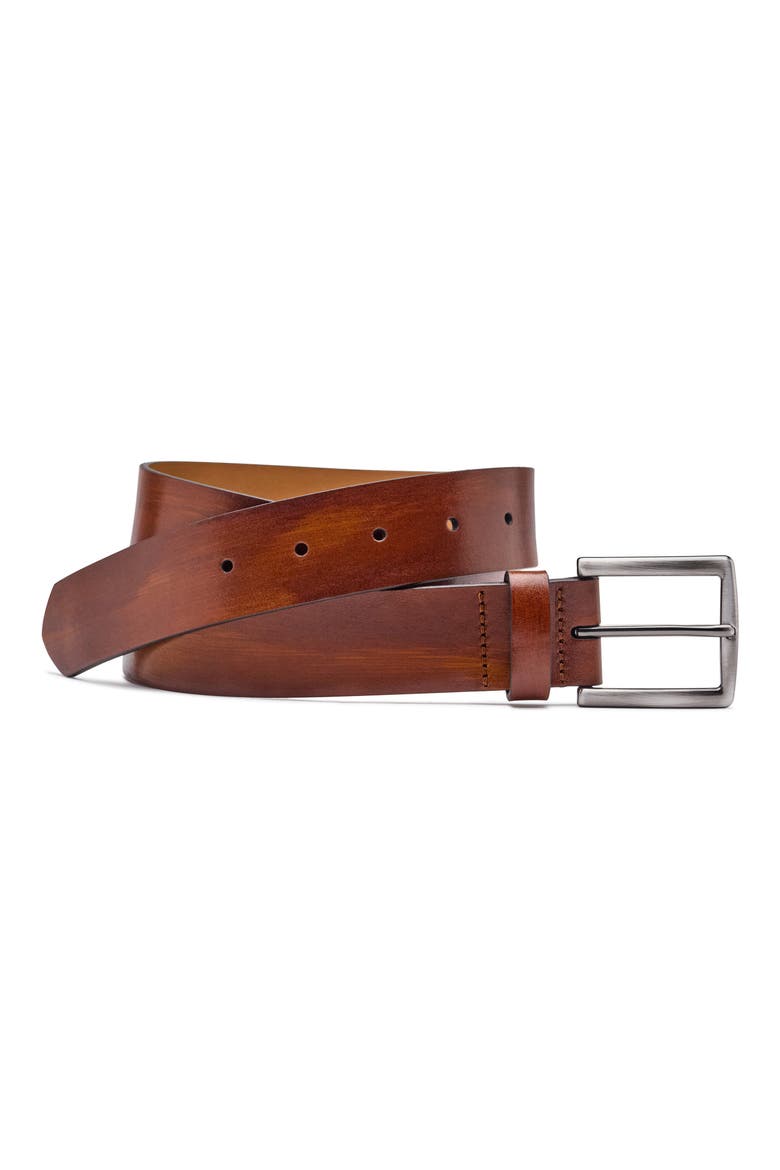Hand Stained Flat Edge Leather Belt, Main, color, BROWN