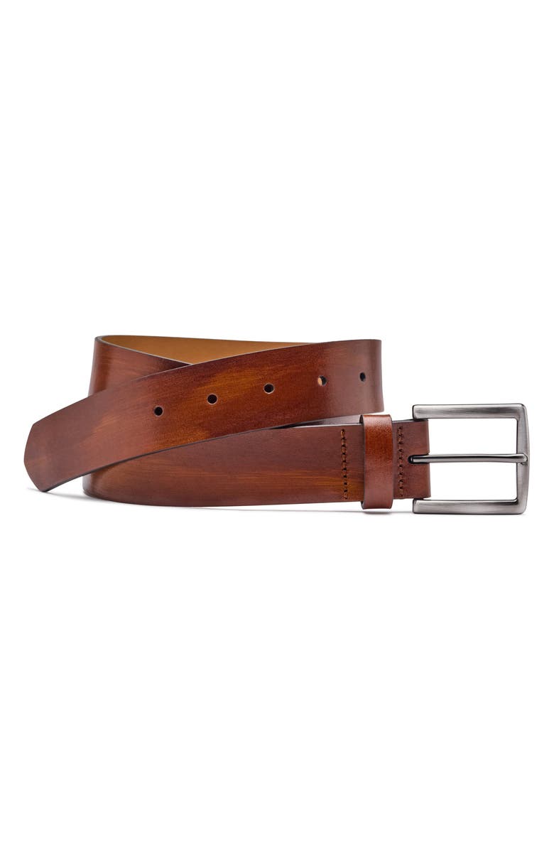 Johnston & Murphy Hand Stained Flat Edge Leather Belt, Main, color, Brown