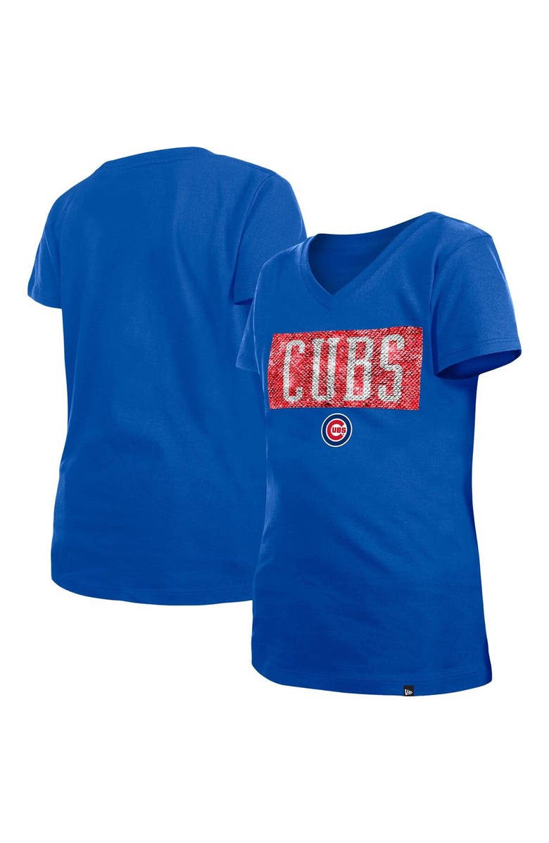 New Era Girls Youth New Era Royal Chicago Cubs Flip Sequin Team V-Neck T-Shirt, Main, color, 