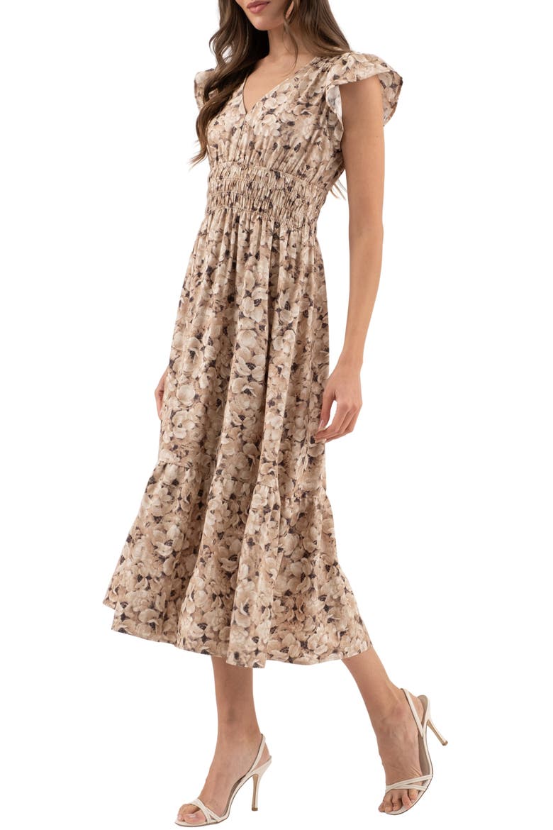 Floral Cap Sleeve Midi Dress, Alternate, color, TAUPE MULTI