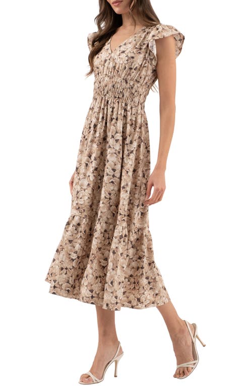 August Sky Floral Cap Sleeve Midi Dress In Taupe Multi