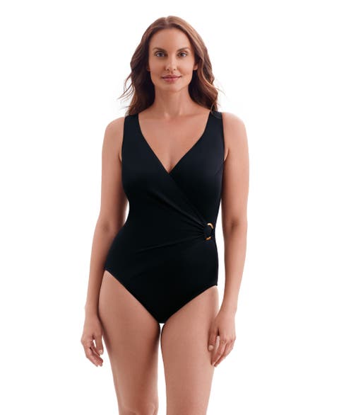 O-Ring Surplice Long Torso One-Piece Swimsuit