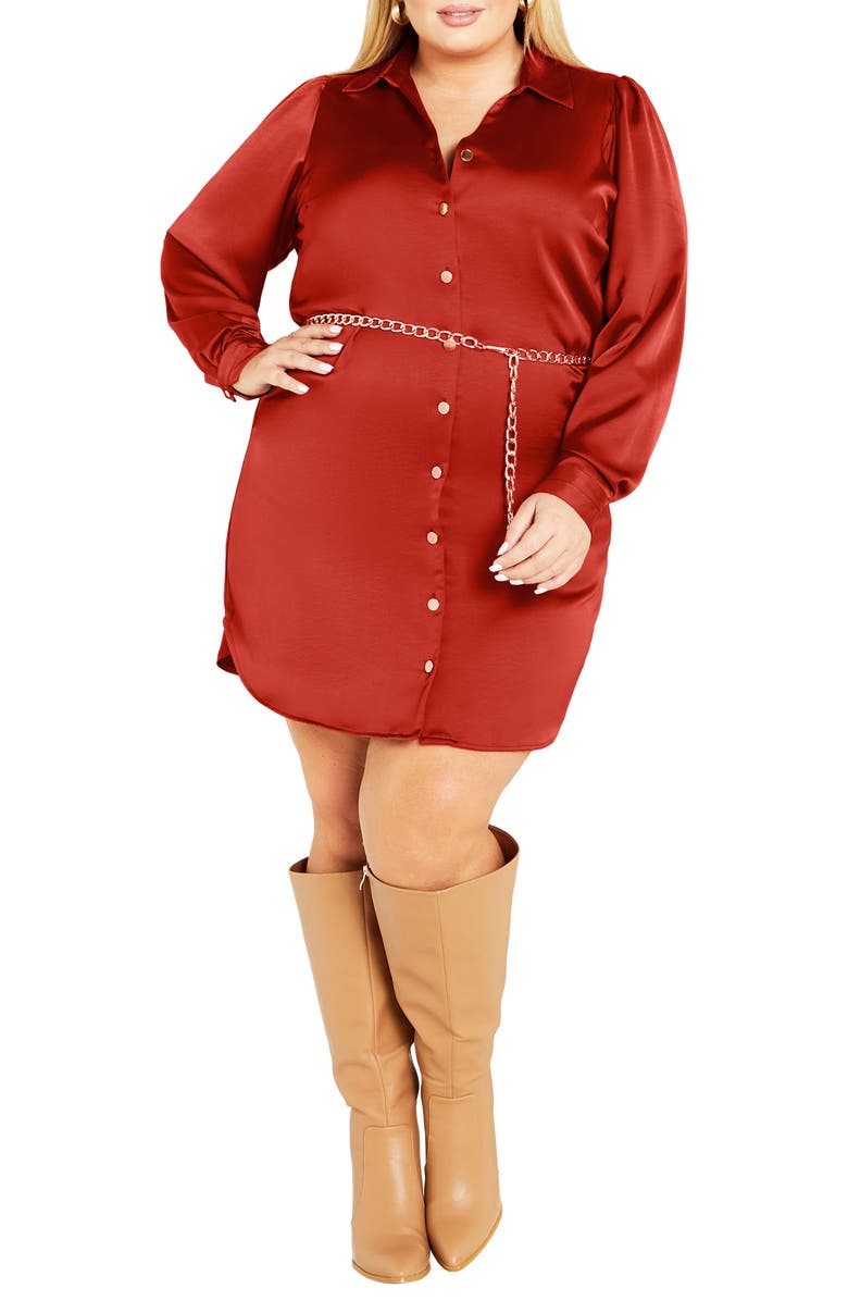 City Chic Harmoni Long Sleeve Satin Shirtdress, Main, color, Caramel
