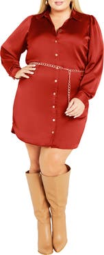 City Chic Harmoni Long Sleeve Satin Shirtdress