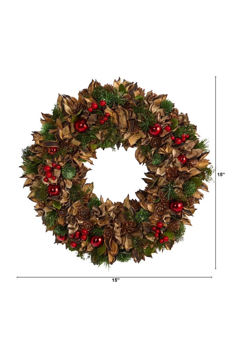 NEARLY NATURAL 15-in Holiday Artificial Wreath with Pine Cones and Ornaments, Alternate, color, Green