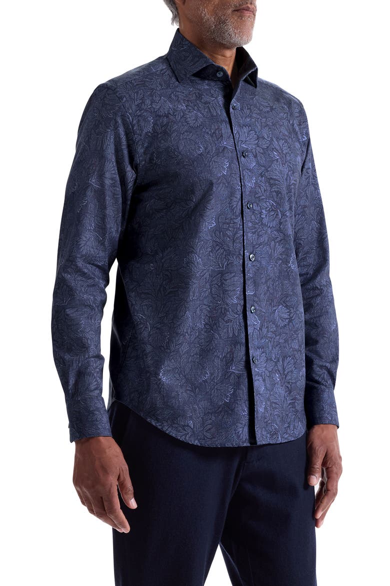 Alvin Shaped Fit Leaf Print Button-Up Shirt, Alternate, color, NIGHT BLUE