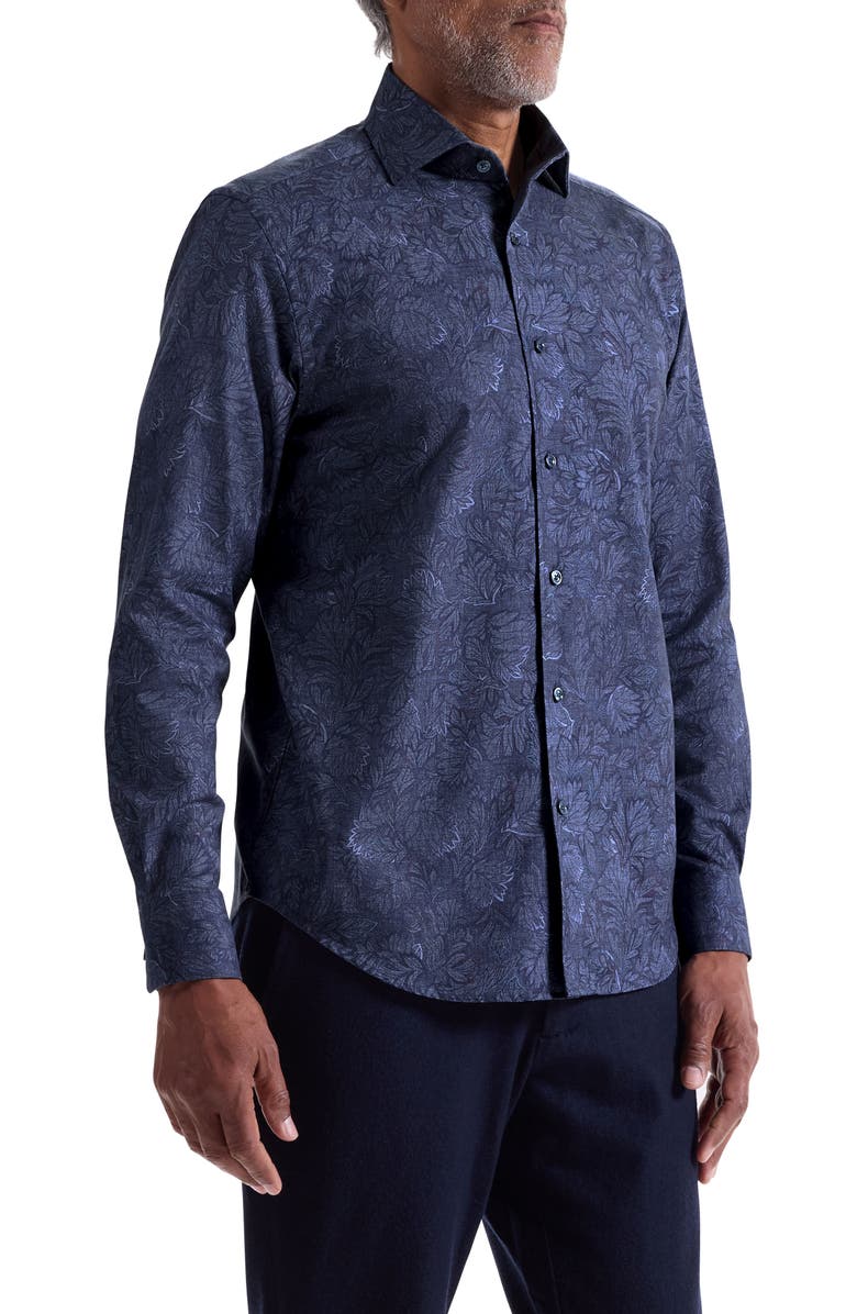 Bugatchi Alvin Shaped Fit Leaf Print Button-Up Shirt, Alternate, color, Night Blue