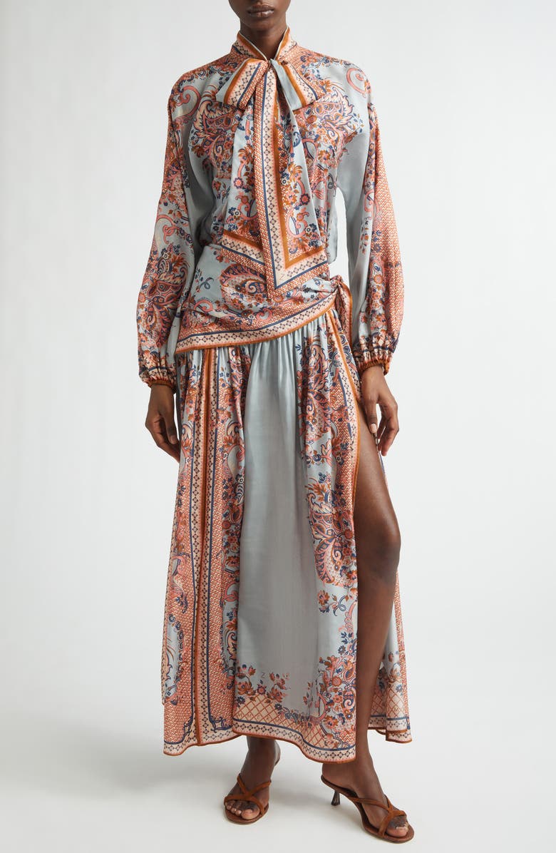 Zimmermann Aster Paisley Scarf Tie Silk Shirt, Alternate, color, Blue Paisley Floral