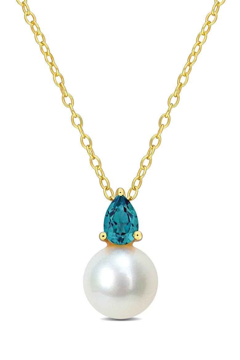 Lab Created Alexandrite & Freshwater Pearl Pendant Necklace, Main, color, GREEN