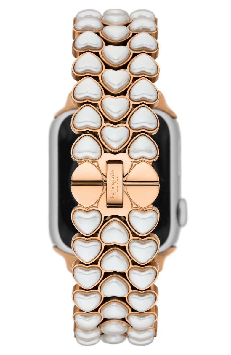 Kate Spade New York heart shape imitation pearl 20mm Apple Watch<sup>®</sup> bracelet watchband, Alternate, color, Rose Gold